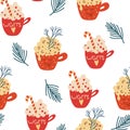 New year Seamless Pattern with a hot drink. Hot chocolate, cookies, cinnamon, marshmallows.