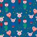 New year seamless pattern with pink pigs and stars on a blue background.Vector