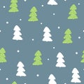 New Year seamless pattern. Repeated silhouettes of trees and round snowflakes.