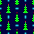 New Year seamless pattern with snowflakes, Christmas trees and stars. Bright winter print.