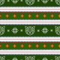 New Year seamless pattern with tigers snowflakes and flags, cross stitch traditional pattern