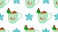 New Year seamless pattern. Winter drinks. Marshmallows, cinnamon and hot chocolate. Tender christmas. Snowflakes baking. Pink cup