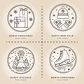 New Year Set of Christmas illustrations in Retro style. Gift Packaging, Hat and Mittens, Christmas Trees with Star and Royalty Free Stock Photo