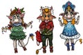 New year set of isolated cartoon characters, funny cows and bull with big ears and horns, with long tails and hooves