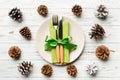 New Year set of plate and utensil on wooden background. Top view of holiday dinner decorated with pine cones. Christmas time Royalty Free Stock Photo