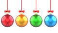 New year Set of red, yellow, green and blue Christmas balls with red ribbon and bow. 3D rendering illustration isolated Royalty Free Stock Photo