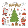 New year set Santa Claus holiday symbols. Vector sketch Christmas tree character and gift box with ribbons. Greeting Royalty Free Stock Photo