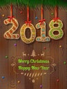 New Year 2018 in shape of gingerbread against wood background