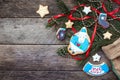 New Year 2015 sheep cookie and decoration on wood Royalty Free Stock Photo