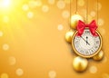 2018 new year shining background with clock. Happy new year 2018 celebration decoration golden balls poster, festive card template Royalty Free Stock Photo