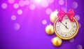 2019 new year shining background with clock. Happy new year 2019 celebration decoration golden balls poster, festive card template Royalty Free Stock Photo