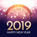 2019 new year shining background with clock. Happy new year 2019 celebration decoration poster, festive card template Royalty Free Stock Photo