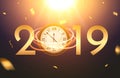 2019 new year shining background with clock. Happy new year 2019 celebration decoration poster, festive card template Royalty Free Stock Photo