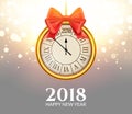 2018 new year shining background with clock. Happy new year 2018 celebration decoration golden balls poster, festive card template Royalty Free Stock Photo