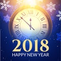 2018 new year shining background with clock. Happy new year 2018 celebration decoration poster, festive card template Royalty Free Stock Photo