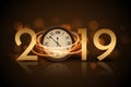 2019 new year shining background with clock. Happy new year 2019 celebration decoration poster, festive card template Royalty Free Stock Photo