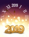 2019 new year shining background with clock. Happy new year 2019 celebration decoration poster, festive card template Royalty Free Stock Photo