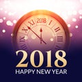 2018 new year shining background with clock. Happy new year 2018 celebration decoration poster, festive card template Royalty Free Stock Photo