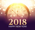 2018 new year shining background with clock. Happy new year 2018 celebration decoration poster, festive card template Royalty Free Stock Photo