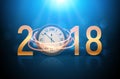 2018 new year shining background with clock. Happy new year 2018 celebration decoration poster, festive card template Royalty Free Stock Photo