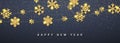 New Year shining glitter glowing golden snowflake decoration garland on dark background. Hanging glitter snowflake. Vector