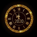 New Year 2020 shiny gold clock or watch isolated , time five minutes to midnight. Merry Christmas. Xmas holiday. Glowing