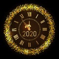 New Year 2020 shiny gold clock or watch isolated , time five minutes to midnight. Merry Christmas. Xmas holiday. Glowing