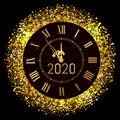 New Year 2020 shiny gold clock or watch isolated , time five minutes to midnight. Merry Christmas. Xmas holiday. Glowing