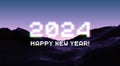 2024 New Year sign with glitched glowing pixels and calm violet landscape. Winter holiday and year change symbol.