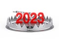 2023 New Year Sign in Metal Bear Trap. 3d Rendering