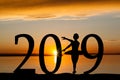 2019 New Year Silhouette of Ballet Girl at Golden Sunset Royalty Free Stock Photo