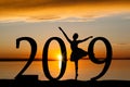 2019 New Year Silhouette of Ballet Girl at Golden Sunset Royalty Free Stock Photo