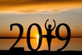 2019 New Year Silhouette of Ballet Girl at Golden Sunset Royalty Free Stock Photo