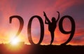 2019 New Year Silhouette of Girl Dancing at Golden Sunrise Royalty Free Stock Photo