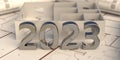 New year 2023 silver number on construction project blueprint. Architect engineer office