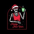 NEW YEAR SKELETON IN SANTA HAT DRINKS MULLED WINE BADGE