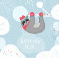 New Year Sloth in Knitted Hat and Scarf Sleep