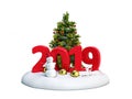 new year 2019 snow island with snowman and Christmas tree 3d render on white