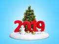 New year 2019 snow island with snowman and Christmas tree 3d render on blue