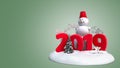 New year 2019 snow island with snowman and trees 3d render on gr