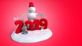 New year 2019 snow island with snowman and trees 3d render on re