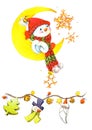 New year snowman and Christmas decoration. watercolor