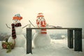 New year snowman from snow in hat read book.