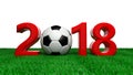 New year 2018 with soccer football ball on green field, white background. 3d illustration Royalty Free Stock Photo