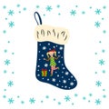 New Year sock with the image a girl in festive clothes with a Christmas gift and snowflakes. Decoration. Copy space. Flat design.