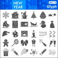New Year solid icon set, Winter holidays symbols collection or sketches. New Year and Christmas party glyph style signs Royalty Free Stock Photo