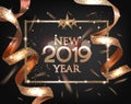 New year 2018 sparkling background with golden ribbons ans flying confetti.