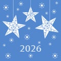New Year stars and snowflakes on blue background with 2026 in decorative text Royalty Free Stock Photo