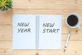 New Year New Start with notebook, black coffee cup, pen and glasses on table, Top view and copy space. Resolution, Start, Goals, S Royalty Free Stock Photo