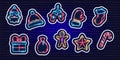 New year stickers neon set. Glowing icons. New Year and Christmas concept. Vector illustration for design Royalty Free Stock Photo